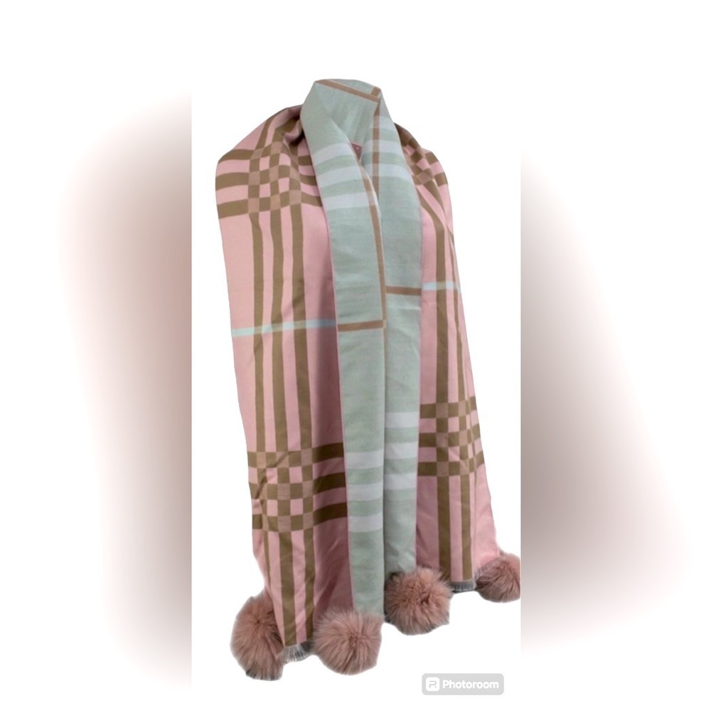 Peter Glenn Reversible Plaid Scarf Wrap w/ Fox Fur Pom-poms